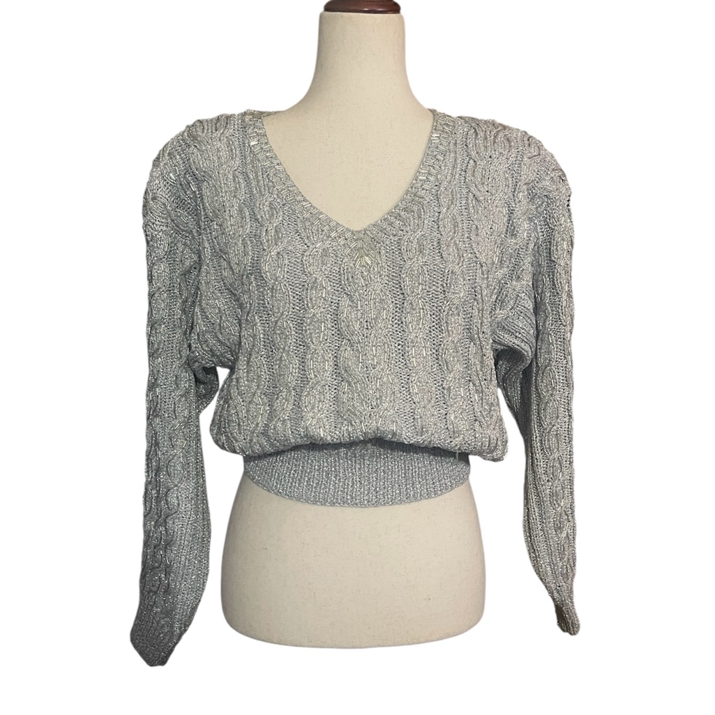 Lillie Rubin Vintage Metallic Cable Knit V-Neck Sweater